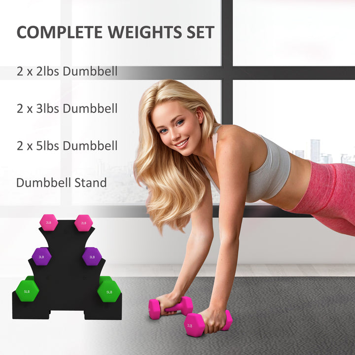 Soozier 2 x 2 lbs., 2 x 3 lbs., 2 x 5 lbs. Dumbbells Set with Dumbbell Rack, Hand Weights for Home Gym Training