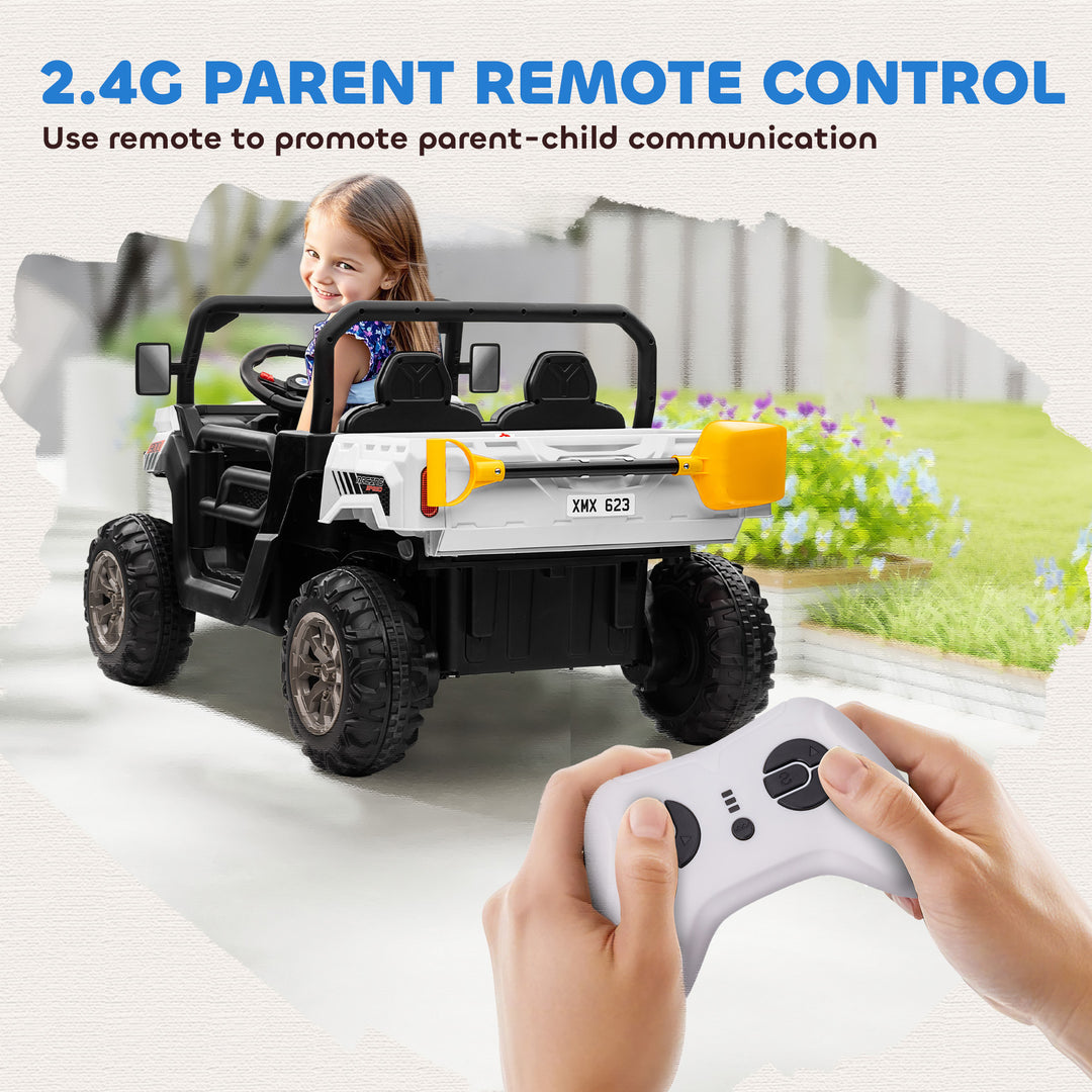 Aosom 12V Ride on Car with Electric Bucket, Two-Seater, Shovel, Remote Control, Spring Suspension, Horn, Music, Red