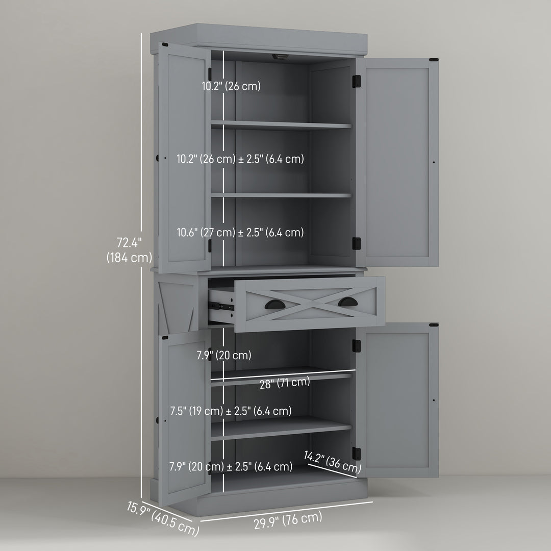 HOMCOM 72.5" Kitchen Pantry Cabinet, Freestanding Storage Cabinet with 4 Doors, Drawer and Adjustable Shelves, Black