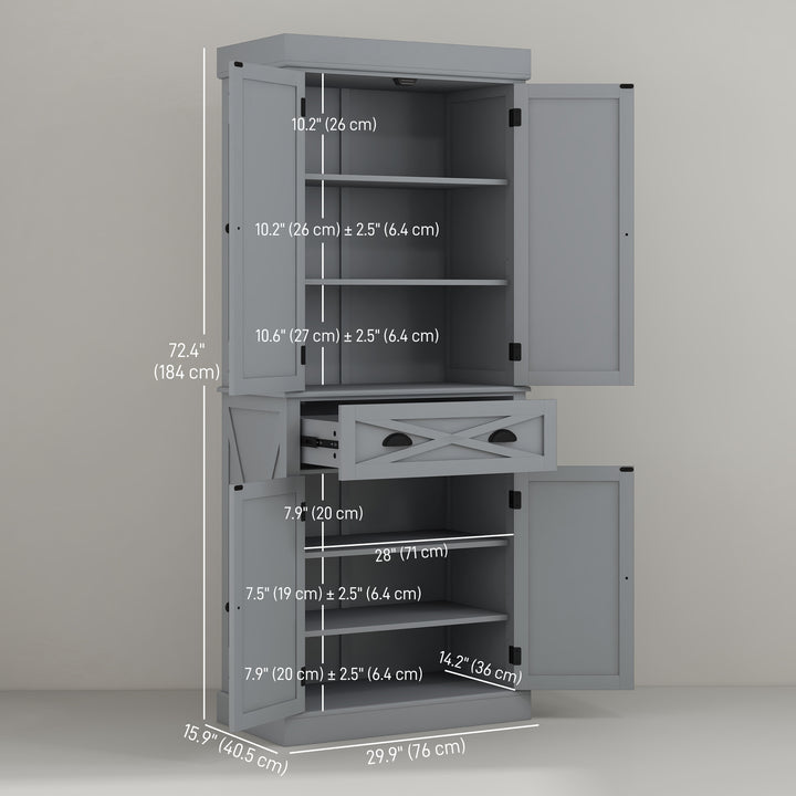 HOMCOM 72.5" Kitchen Pantry Cabinet, Freestanding Storage Cabinet with 4 Doors, Drawer and Adjustable Shelves, Black