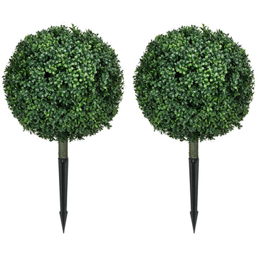 HOMCOM Artificial Boxwood Trees w/ Ground Stake, Set of 2 Ball Shaped Topiary Trees for Home Office & Living Room, UV Resistant