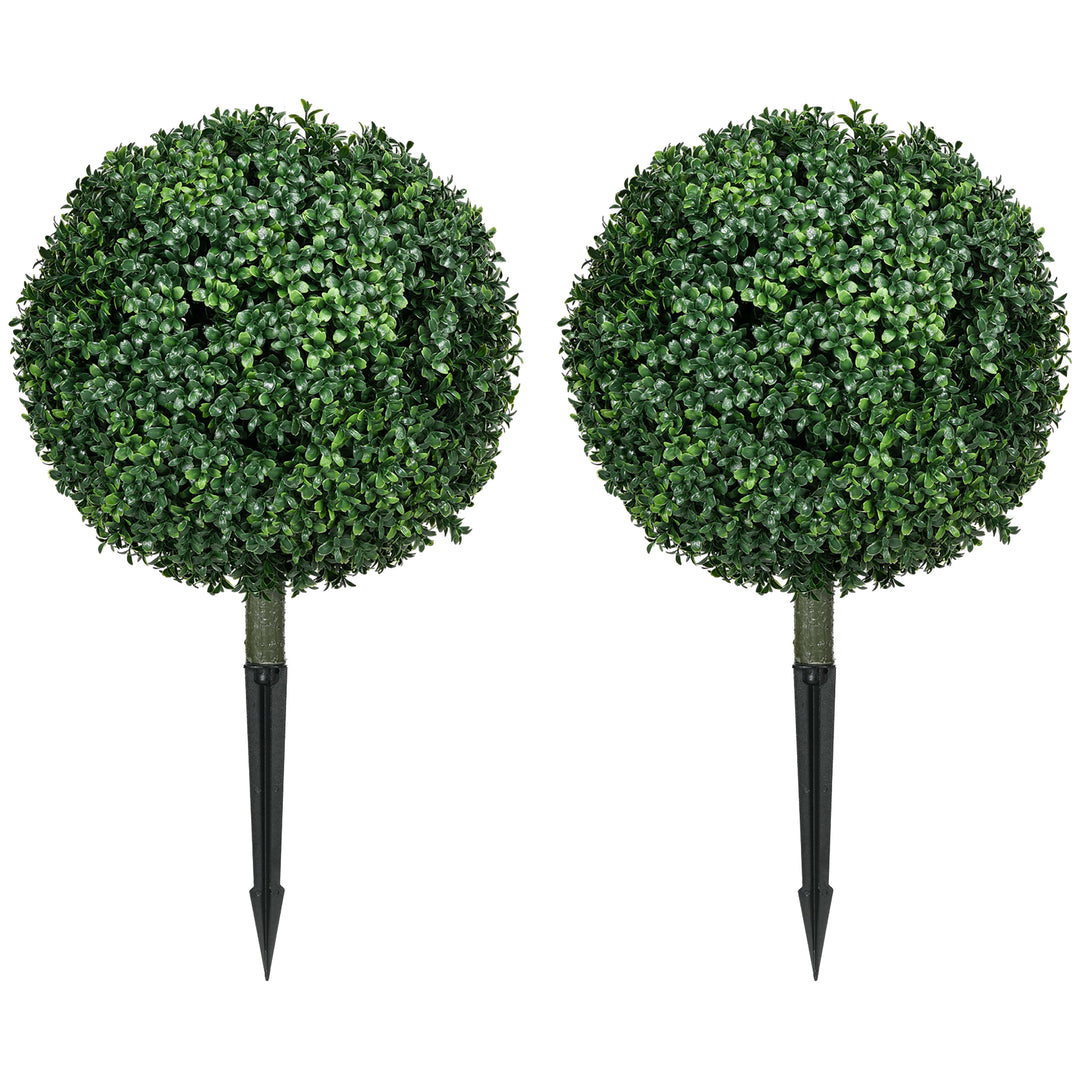 HOMCOM Artificial Boxwood Trees w/ Ground Stake, Set of 2 Ball Shaped Topiary Trees for Home Office & Living Room, UV Resistant