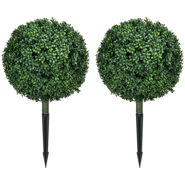 HOMCOM Artificial Boxwood Trees w/ Ground Stake, Set of 2 Ball Shaped Topiary Trees for Home Office & Living Room, UV Resistant