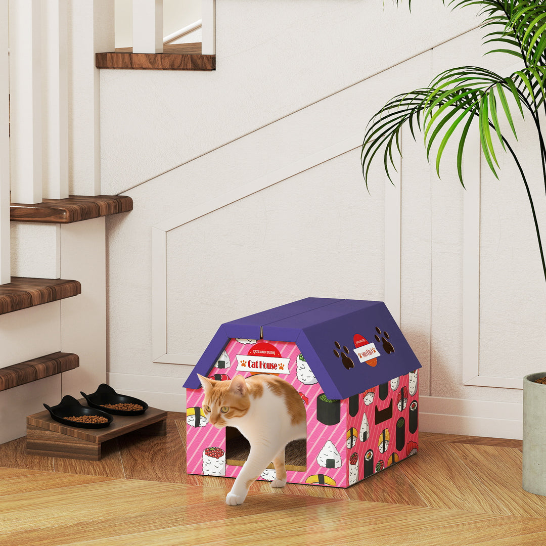 PawHut Cat Scratcher House, 2-in-1 Cardboard Cat Scratching Pad with Door, 4 Paw-Shaped Vents and Grass for Indoor, Pink