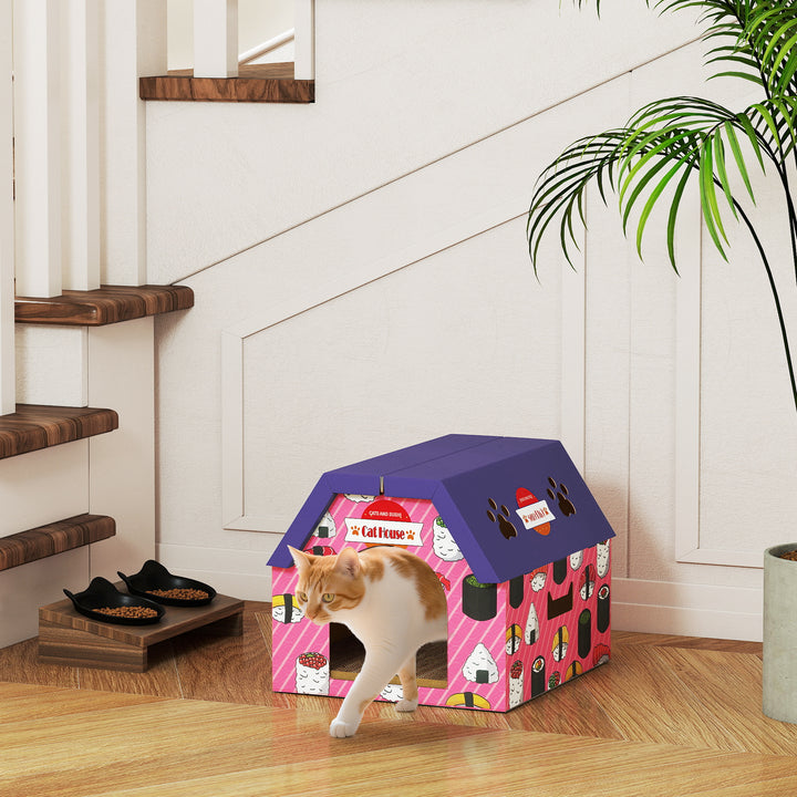 PawHut Cat Scratcher House, 2-in-1 Cardboard Cat Scratching Pad with Door, 4 Paw-Shaped Vents and Grass for Indoor, Pink