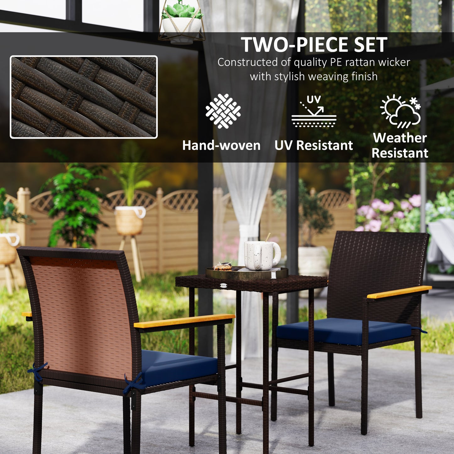 Outsunny Stackable Wicker Patio Chairs Set of 2 with Removable Cushion, Armrest for Garden, Porch, Yard, Cream White