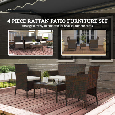 Outsunny 4 Pieces Wicker Outdoor Balcony Furniture Set Rattan Patio Furniture Set with Loveseat Chairs Glass Coffee Table Beige