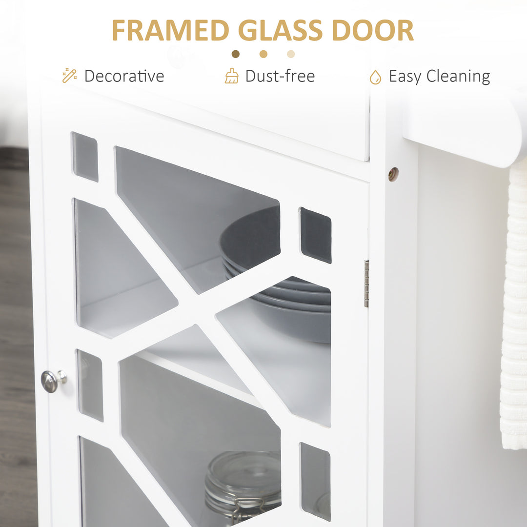 HOMCOM Kitchen Cart on Wheels, Rolling Kitchen Island with Drawer, Glass Door, Towel Rack and Adjustable Shelf, White