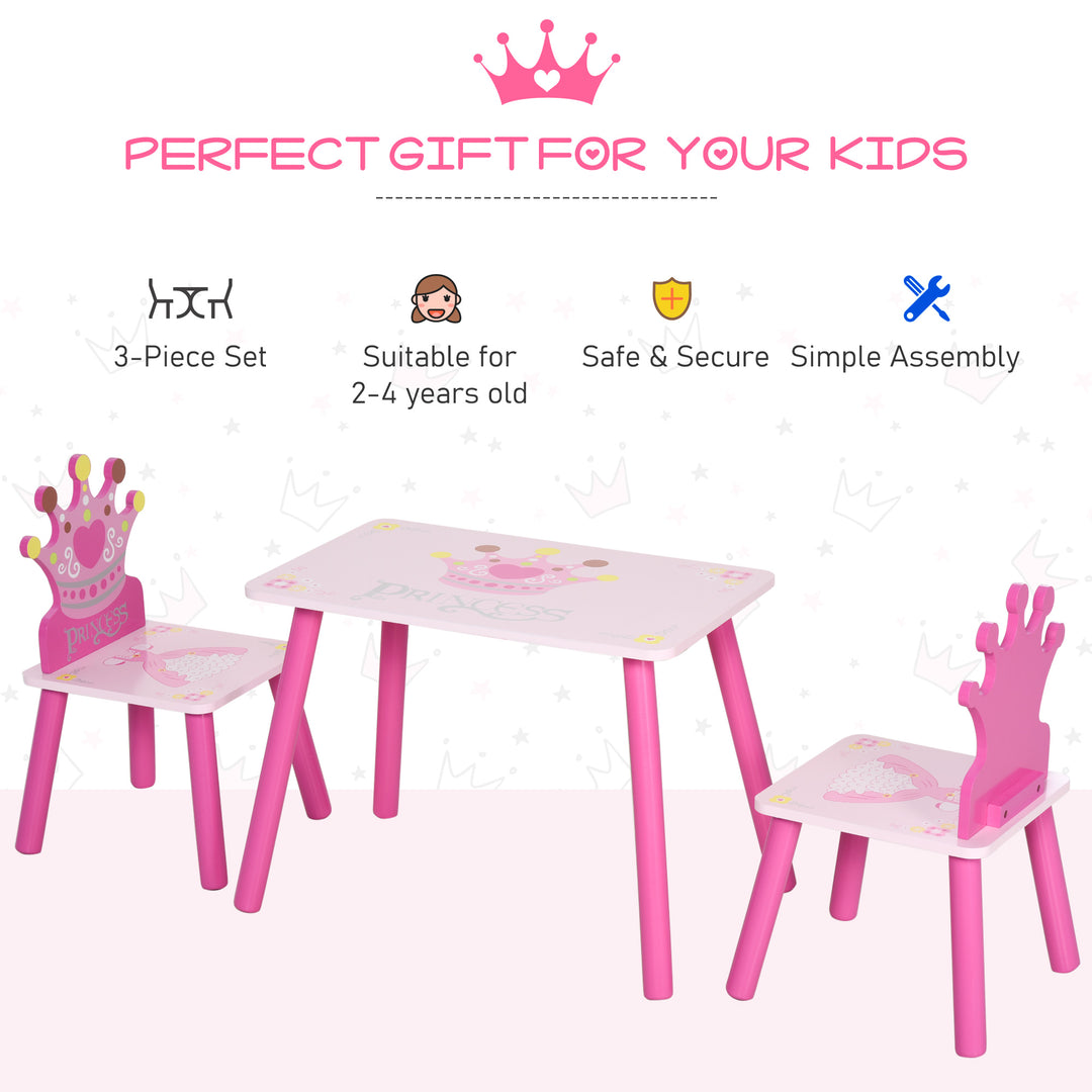 Qaba 3-Piece Set Kids Wooden Table Chair with Crown Pattern Easy to Clean Gift for Girls Toddlers Age 2-4 Years Old Pink