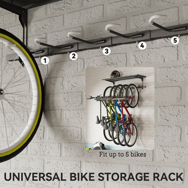 Soozier Bike Storage Rack for 5 Bikes, Wall Mounted Bicycle Rack with Shelf and Adjustable Hooks for Indoor Outdoor Use, Black
