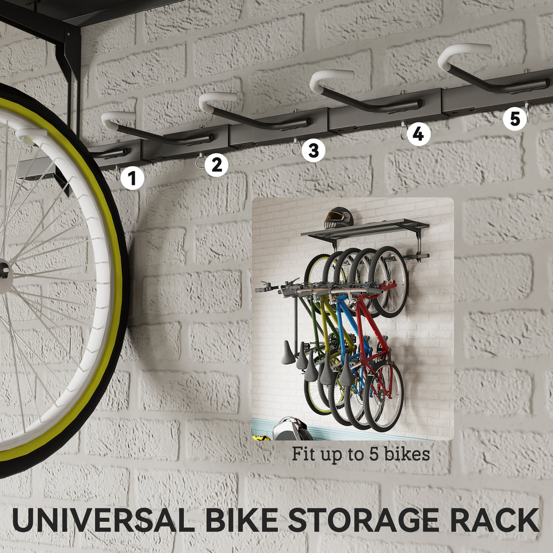 Soozier Bike Storage Rack for 5 Bikes, Wall Mounted Bicycle Rack with Shelf and Adjustable Hooks for Indoor Outdoor Use, Black