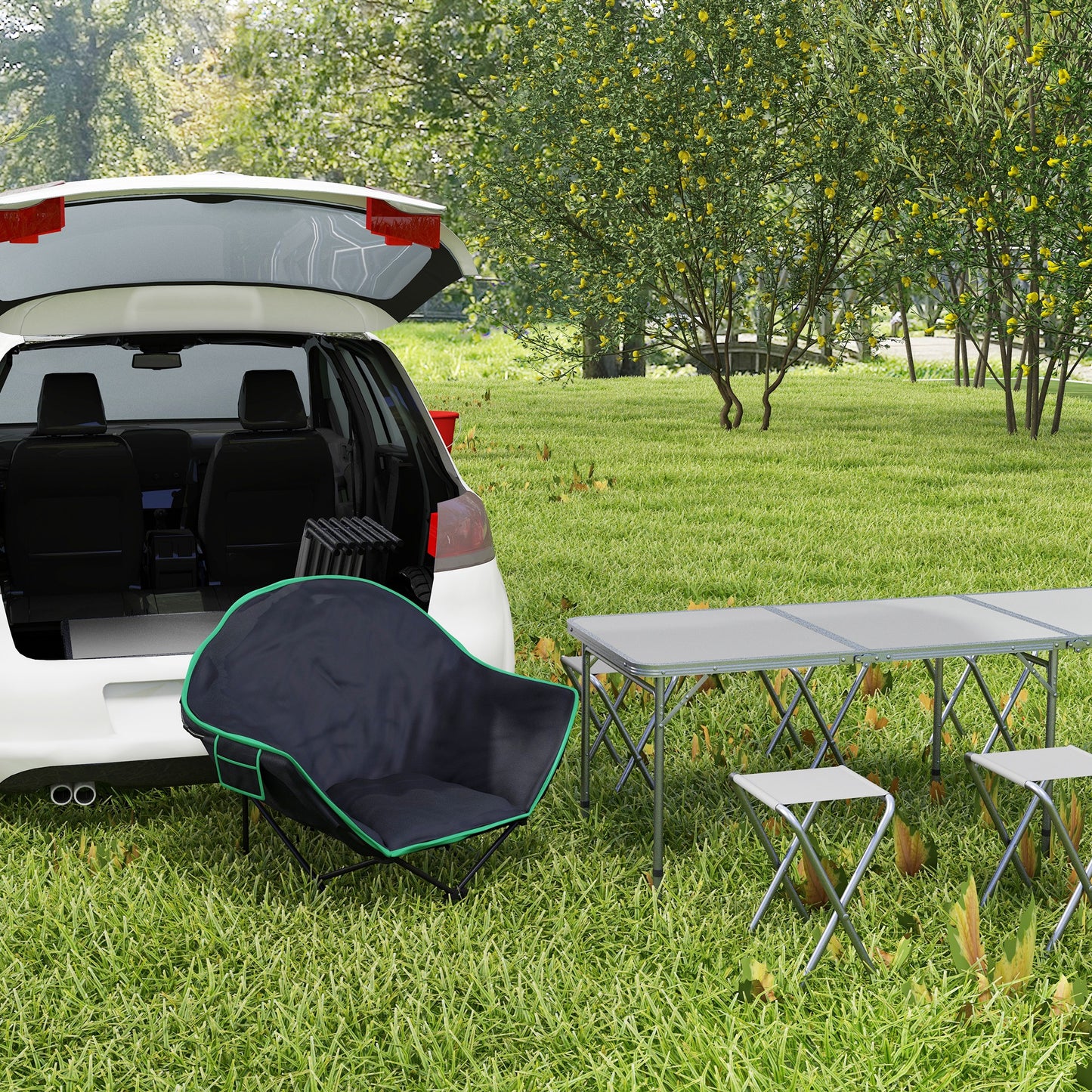 Outsunny Foldable Camping Chair Padded Moon Saucer Chair with Carry Bag, Storage Pocket for Outdoor, Beach, Picnic, Hiking, Fishing, Travel