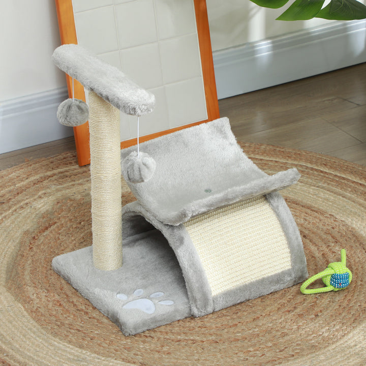 PawHut 17" Small Cat Tree with Scratching Post, Cat Tower with Rotatable Top Pole, Platform, 2 Dangling Balls, Light Grey