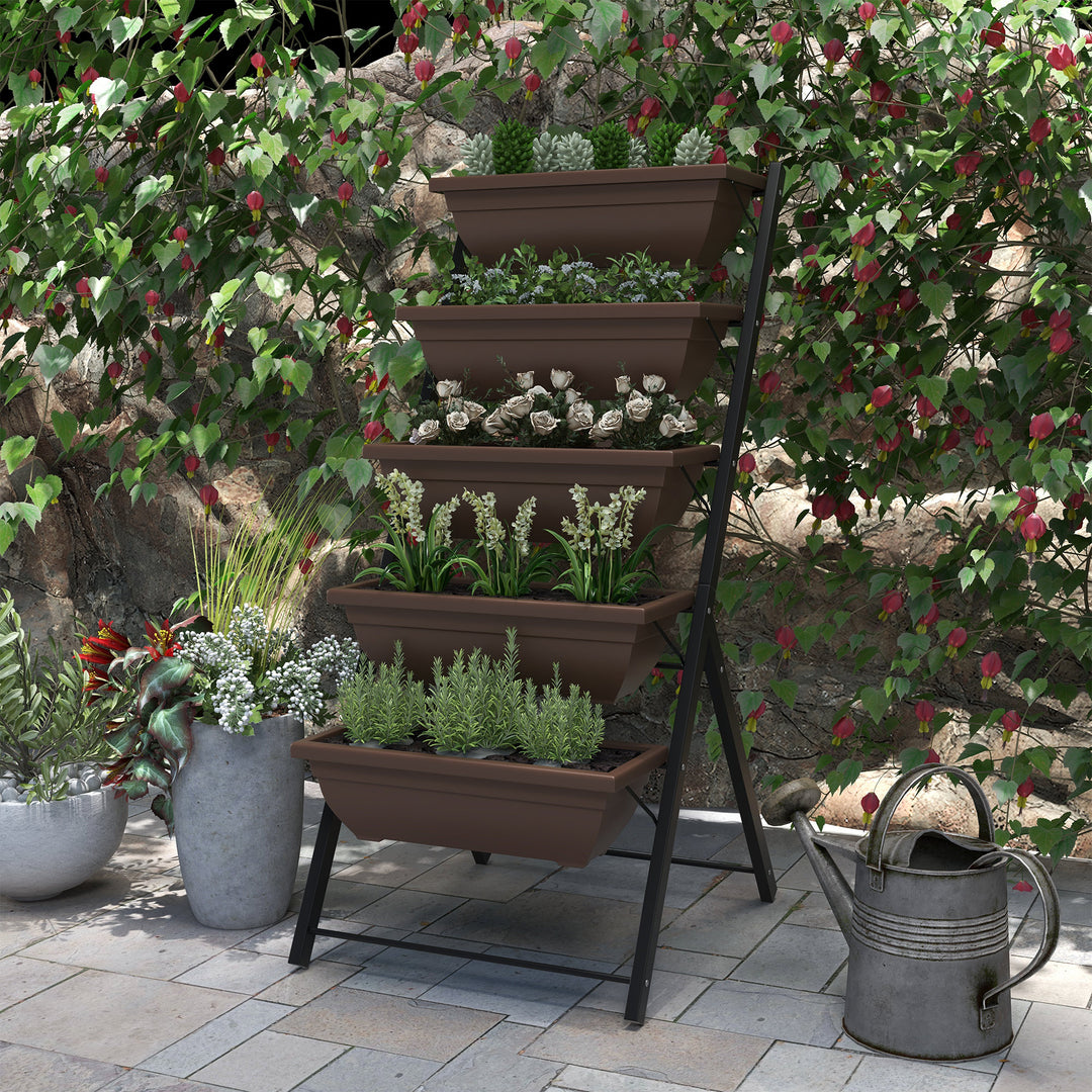 Outsunny 5-Tier Raised Garden Bed with 5 Planter Box, Outdoor Plant Stand Grow Containers with Leaking Holes, Brown