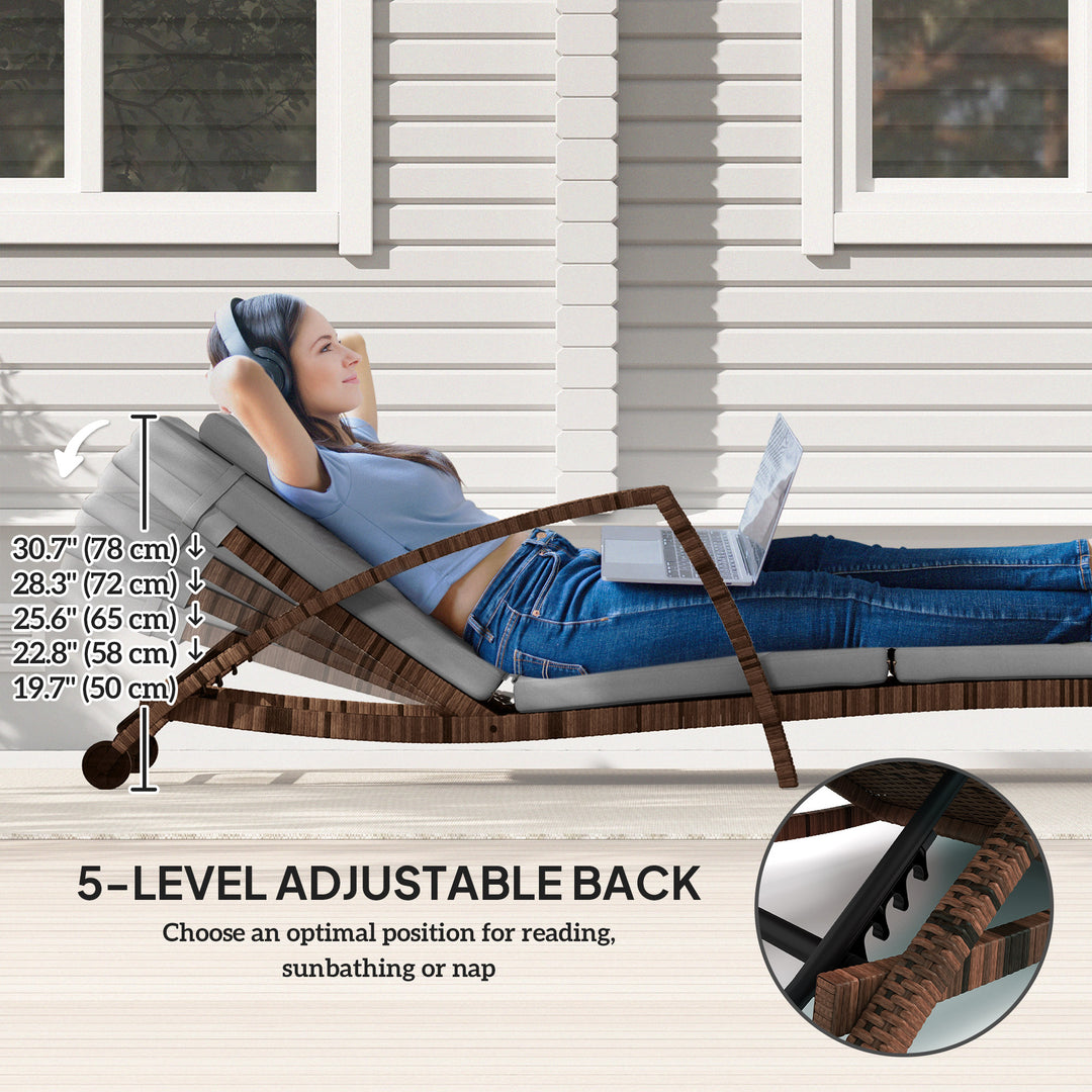 Outsunny Set of 2 Wicker Chaise Lounge Chair Outdoor Patio Lounger with 5 Adjustable Back, Wheels, Cushion and Armrests, Blue