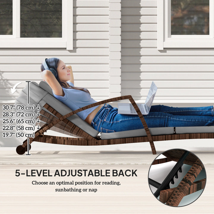 Outsunny Set of 2 Wicker Chaise Lounge Chair Outdoor Patio Lounger with 5 Adjustable Back, Wheels, Cushion and Armrests, Blue