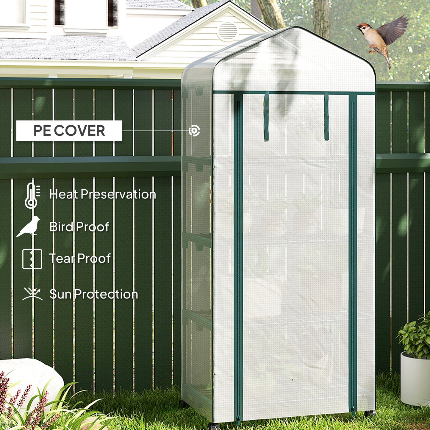 Outsunny 27" x 20" x 65" Portable Greenhouse with 4 Tier Shelves and Wheels, Outdoor Hot House Plant Flower Greenhouse, Steel Frame, Plastic Cover, Clear