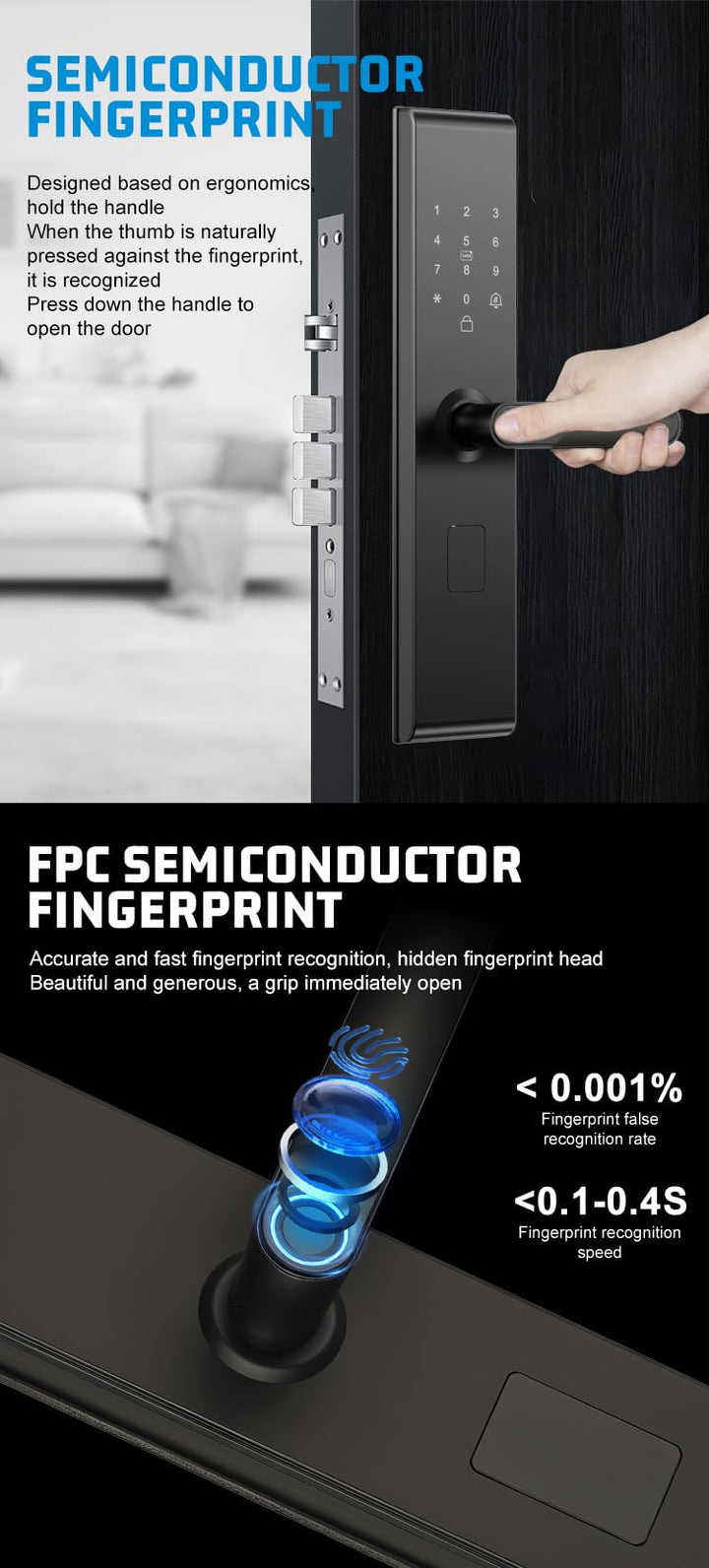 Smart Digital Door Lock, Electronic Keypad Entry Handle Lock in Matte Black, Touch Screen Keyless Security Lock for Home