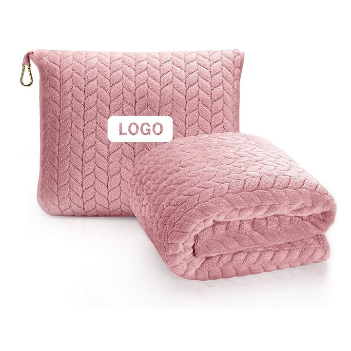 Luxurious 2-in-1 Travel Blanket and Pillow Set, Pink/Black Plush, Quilted Pattern with Storage Bag, Airplane Travel Comfort