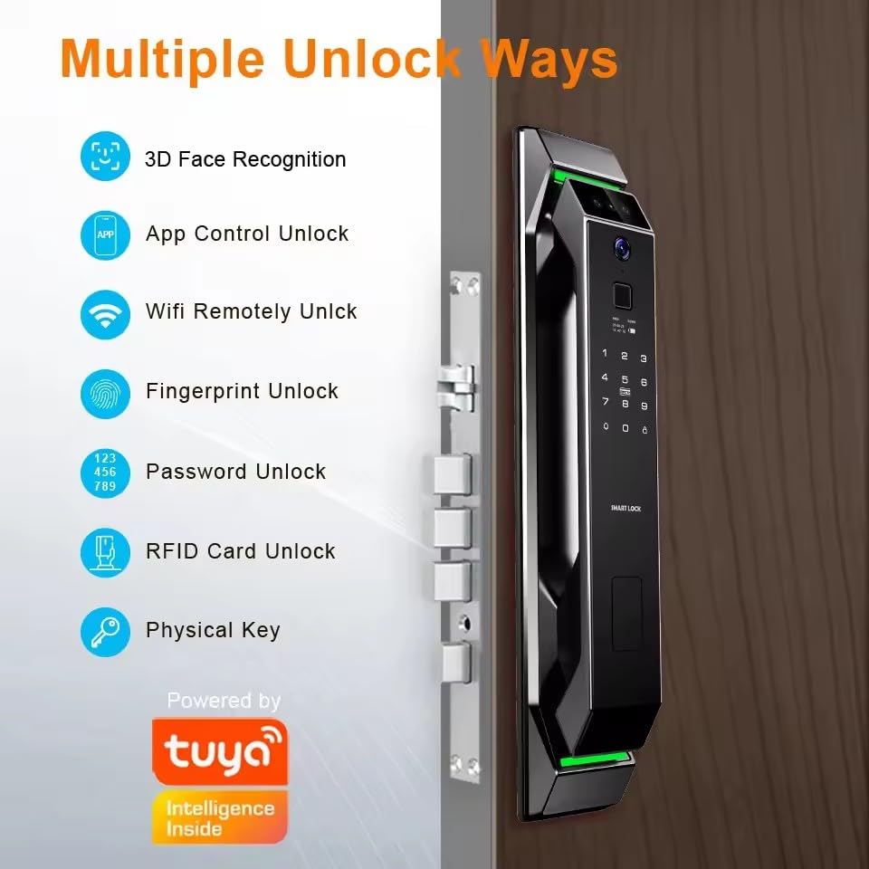 Smart Lock with Camera 3D Face Recognition Keyless Entry Door Lock Handle Aluminum Alloy Biometric Door Lock App 6 Unlocking Methods for 40-120mm Thickness Office Home Bedroom Door