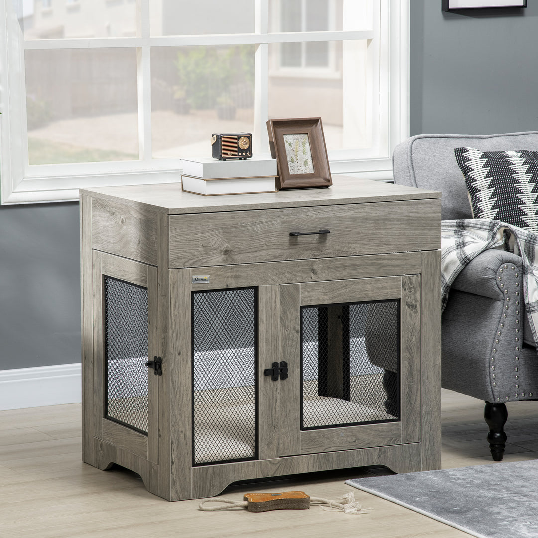 PawHut Dog Crate Furniture with Cushion, 2 Doors, Storage, Dog Kennel End Table for Small Medium Dogs, Grey