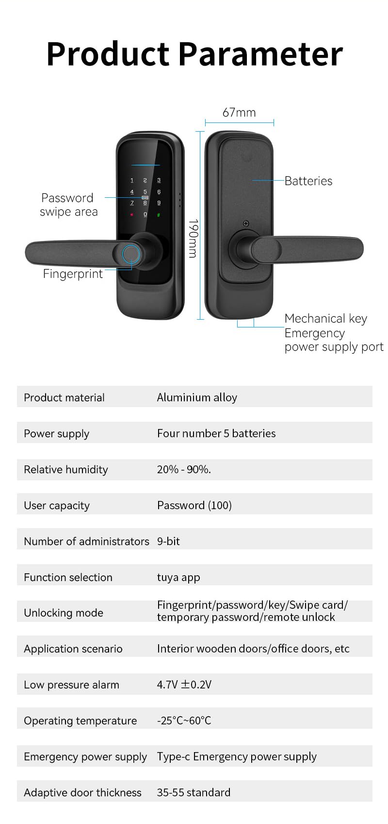Smart Door Locks Keyless Smart Fingerprint Door Locks Touchscreen APP Remote Control Password Key Card Fingerprint Smart Fingerprint Door Handle Suitable for Entry Doors