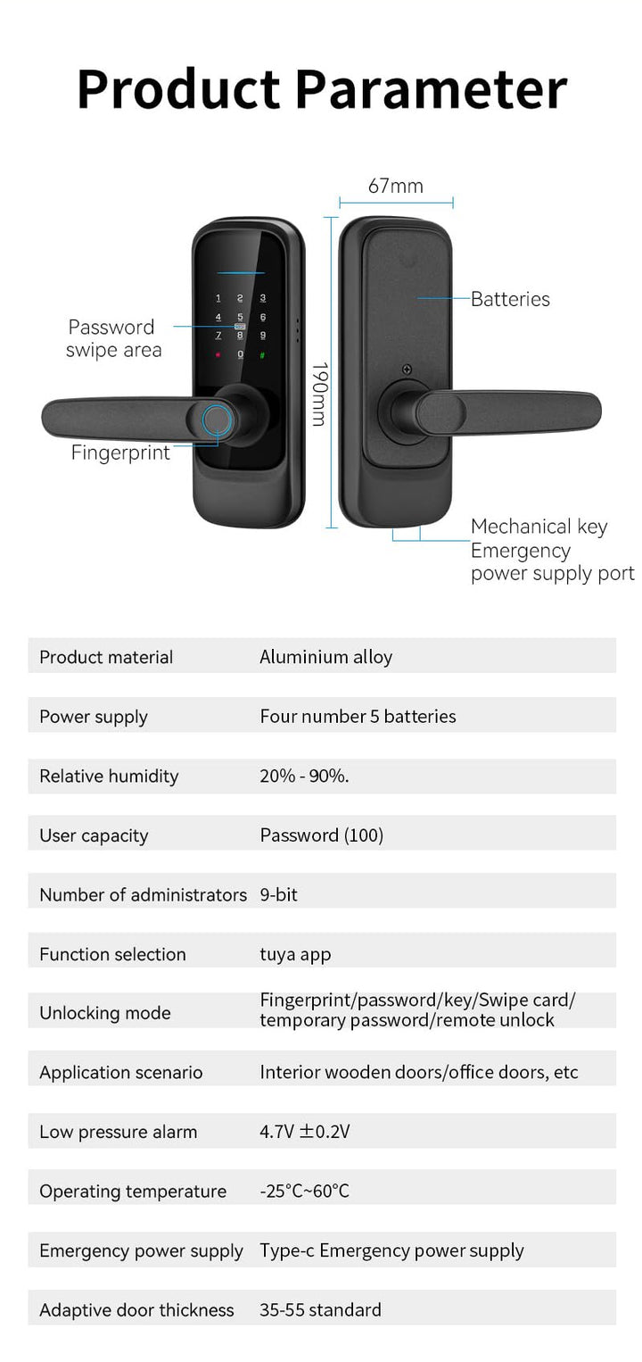 Smart Door Locks Keyless Smart Fingerprint Door Locks Touchscreen APP Remote Control Password Key Card Fingerprint Smart Fingerprint Door Handle Suitable for Entry Doors