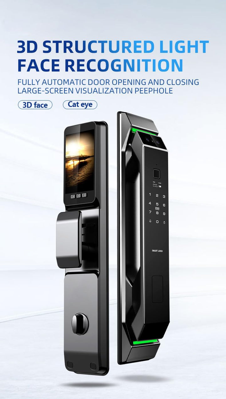 Smart Lock with Camera 3D Face Recognition Keyless Entry Door Lock Handle Aluminum Alloy Biometric Door Lock App 6 Unlocking Methods for 40-120mm Thickness Office Home Bedroom Door