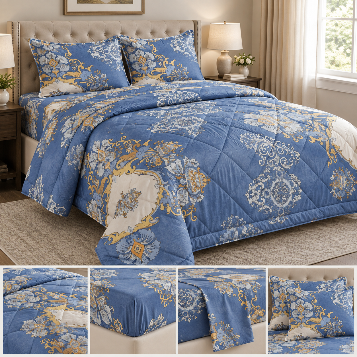Aarniva Breathable Polyester Royal Blue Damask Comforter Set | King/Queen | 250 GSM | Ultra-Soft & Cozy | Blue Flower Design | 5-Piece Set
