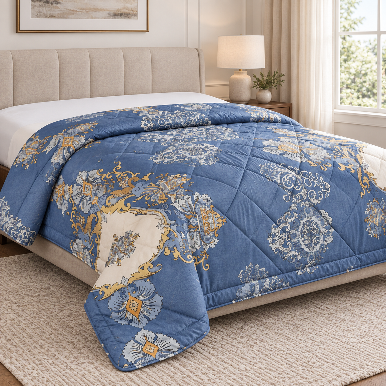Aarniva Breathable Polyester Royal Blue Damask Comforter Set | King/Queen | 250 GSM | Ultra-Soft & Cozy | Blue Flower Design | 5-Piece Set