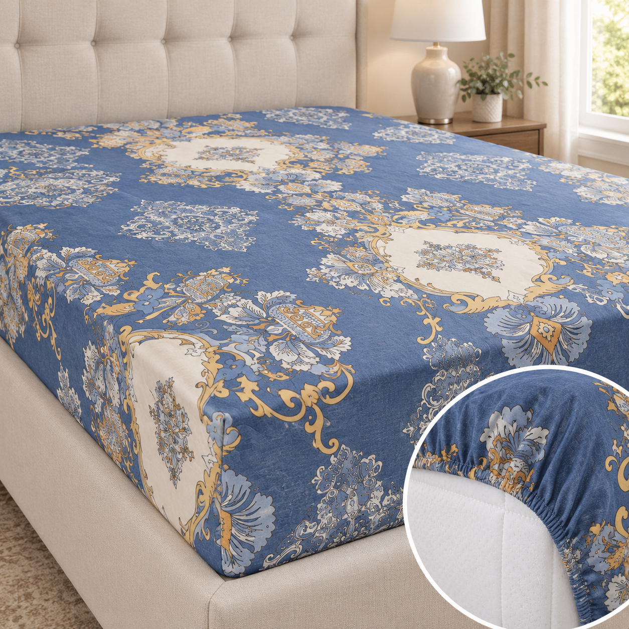 Aarniva Breathable Polyester Royal Blue Damask Comforter Set | King/Queen | 250 GSM | Ultra-Soft & Cozy | Blue Flower Design | 5-Piece Set