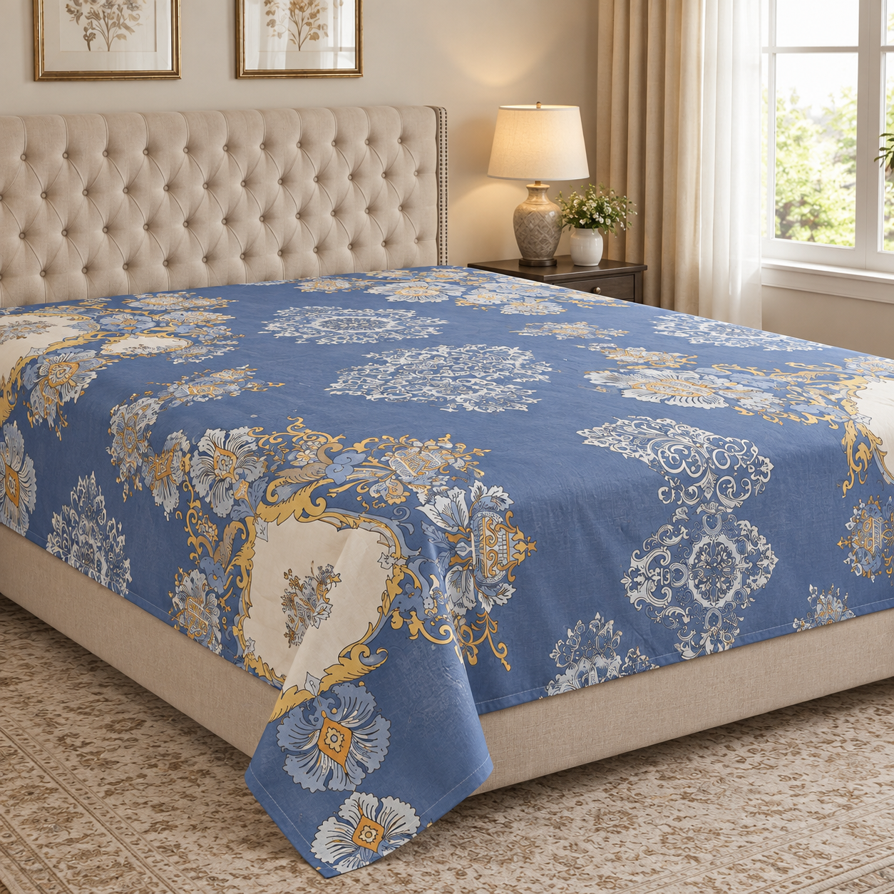 Aarniva Breathable Polyester Royal Blue Damask Comforter Set | King/Queen | 250 GSM | Ultra-Soft & Cozy | Blue Flower Design | 5-Piece Set