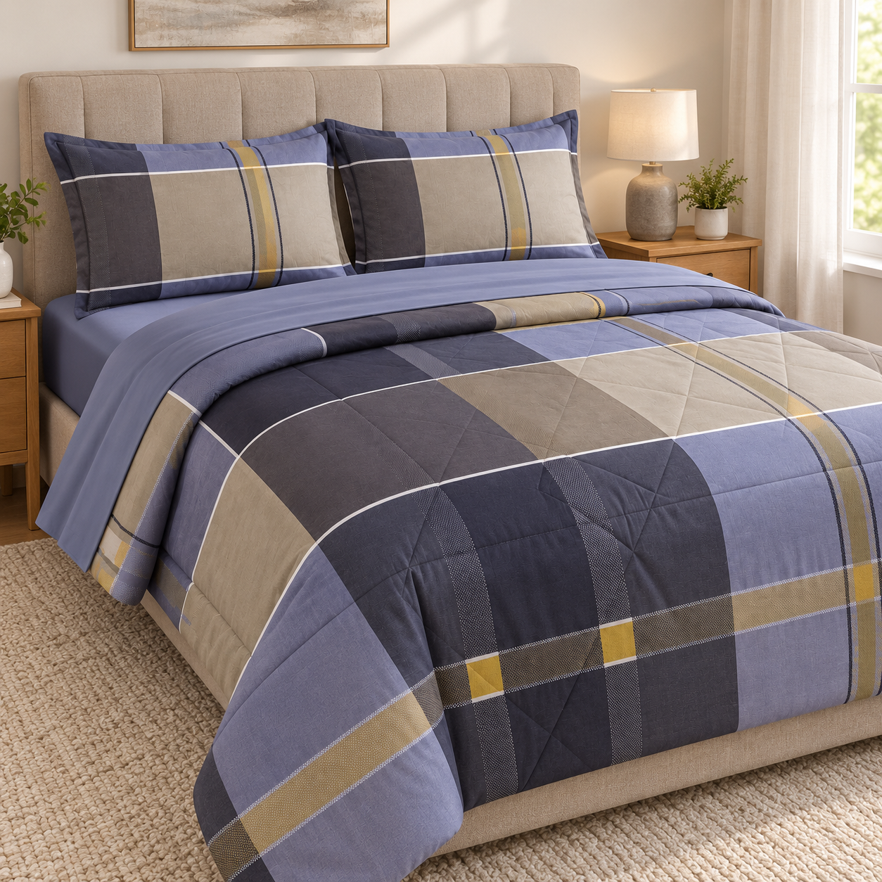 Aarniva Breathable Polyester Heritage Plaid Comforter Set | King/Queen | 250 GSM | Ultra-Soft & Cozy | Blue Taupe | 5-Piece Set