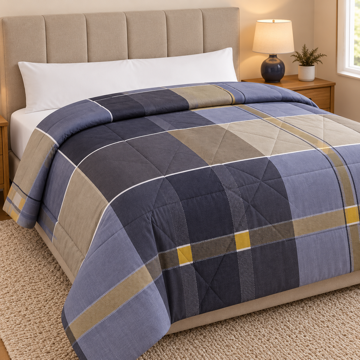 Aarniva Breathable Polyester Heritage Plaid Comforter Set | King/Queen | 250 GSM | Ultra-Soft & Cozy | Blue Taupe | 5-Piece Set