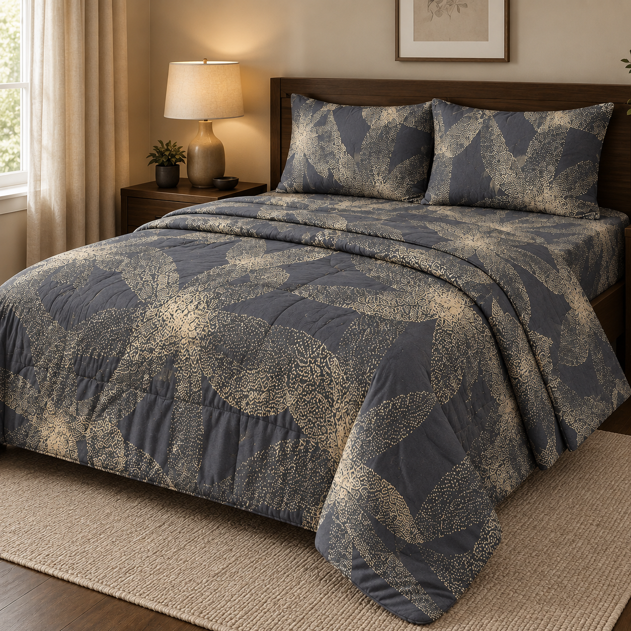 Aarniva Breathable Polyester Midnight Gold Flow Comforter Set | King/Queen | 250 GSM | Ultra-Soft & Cozy | Navy Gold | 5-Piece Set