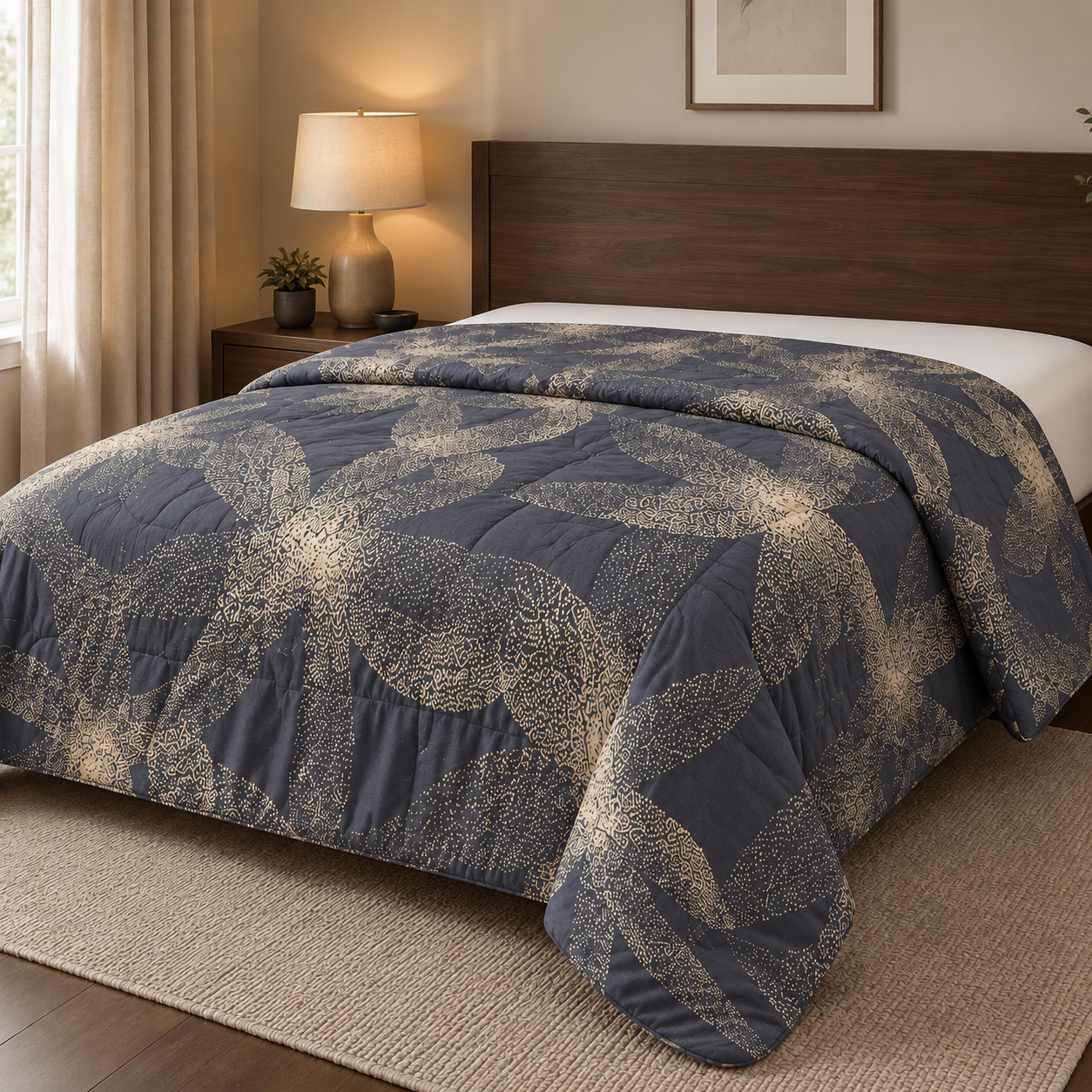 Aarniva Breathable Polyester Midnight Gold Flow Comforter Set | King/Queen | 250 GSM | Ultra-Soft & Cozy | Navy Gold | 5-Piece Set