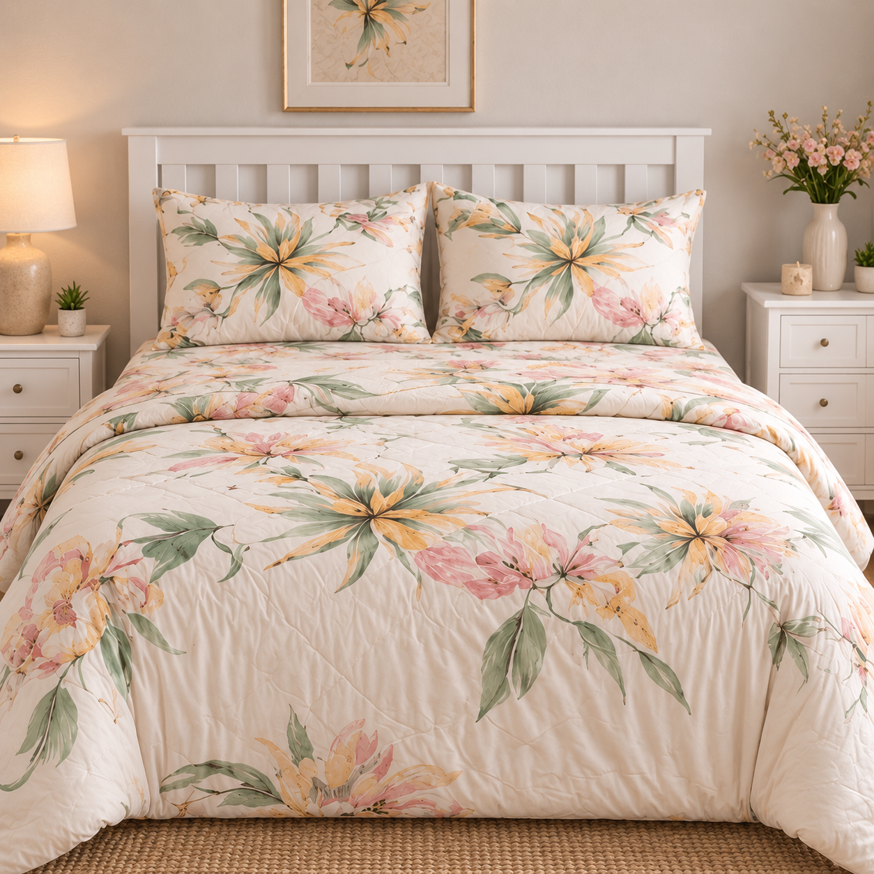Aarniva Breathable Polyester Tropical Breeze Comforter Set | King/Queen | 250 GSM | Ultra-Soft & Cozy | Flower Leaves Design | 5-Piece Set