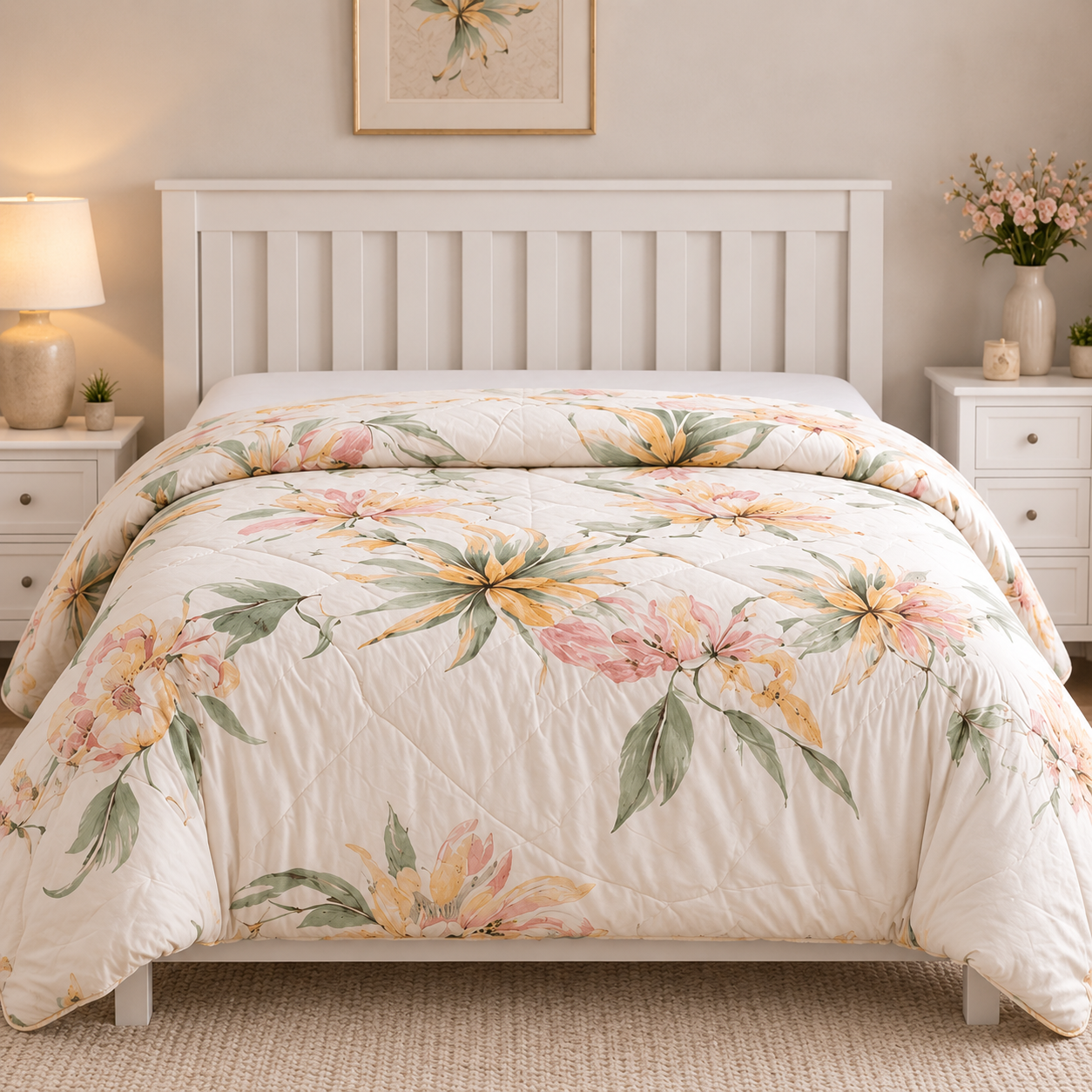 Aarniva Breathable Polyester Tropical Breeze Comforter Set | King/Queen | 250 GSM | Ultra-Soft & Cozy | Flower Leaves Design | 5-Piece Set