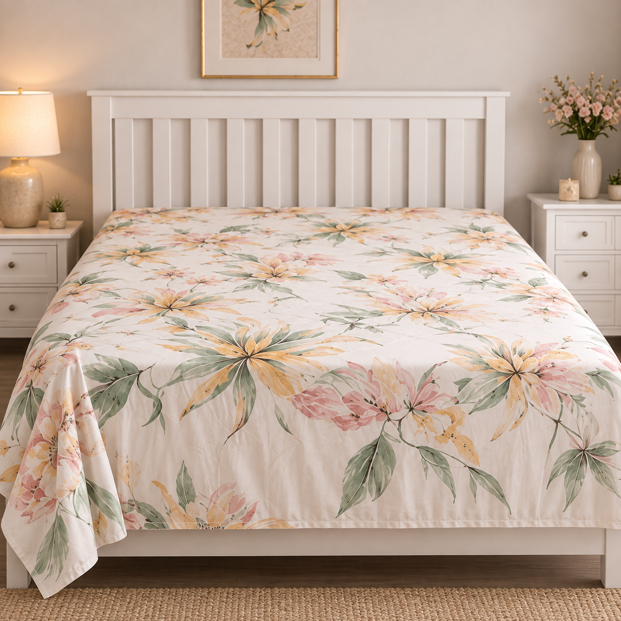 Aarniva Breathable Polyester Tropical Breeze Comforter Set | King/Queen | 250 GSM | Ultra-Soft & Cozy | Flower Leaves Design | 5-Piece Set
