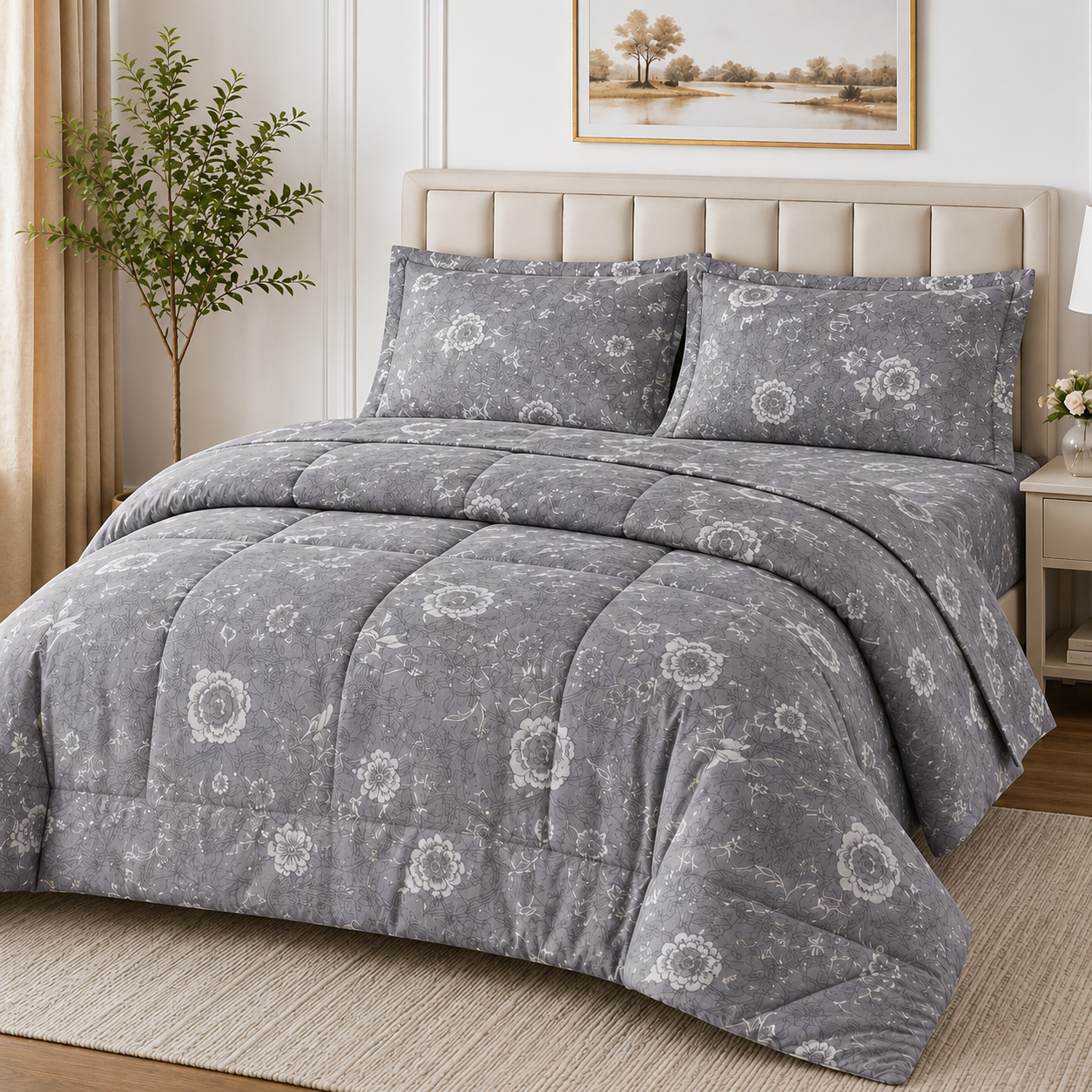 Aarniva Breathable Polyester Silver Garden Comforter Set | King/Queen | 250 GSM | Ultra-Soft & Cozy | Soft Grey | 5-Piece Set