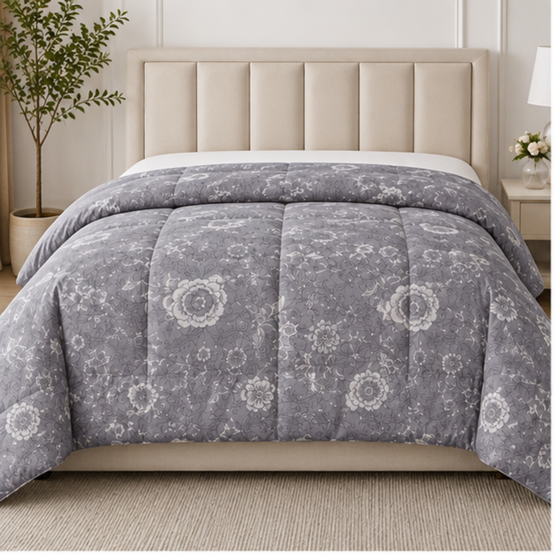 Aarniva Breathable Polyester Silver Garden Comforter Set | King/Queen | 250 GSM | Ultra-Soft & Cozy | Soft Grey | 5-Piece Set