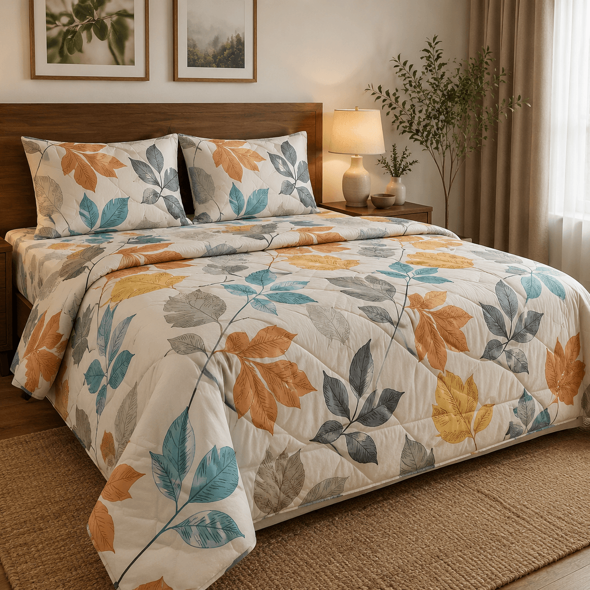 Aarniva Breathable Polyester Falling Leaves Comforter Set | King/Queen | 250 GSM | Ultra-Soft & Cozy | Warm Earth Tones | 5-Piece Set