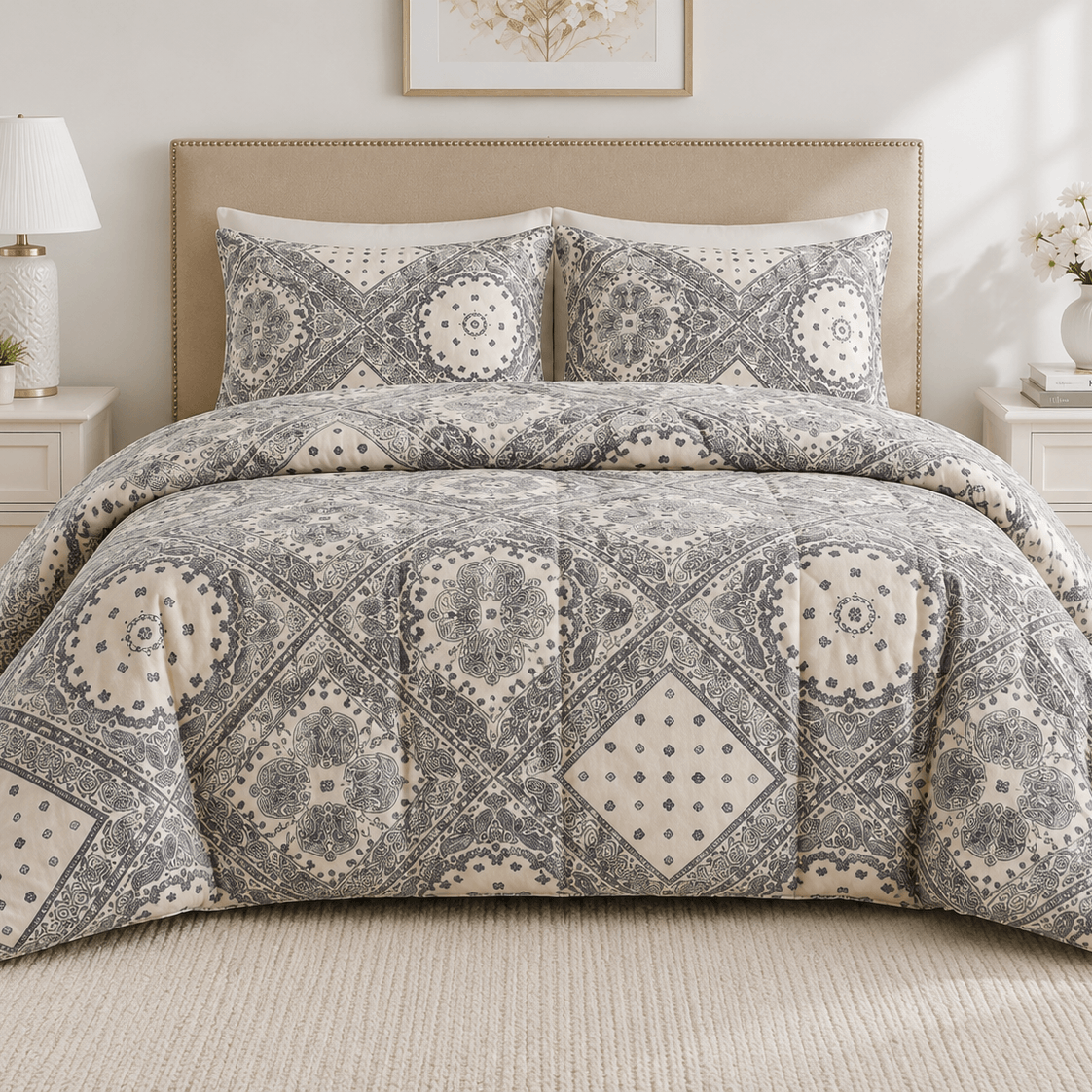 Aarniva Breathable Polyester Heritage Medallion Comforter Set | King/Queen | 250 GSM | Ultra-Soft & Cozy | Ivory Grey | 5-Piece Set