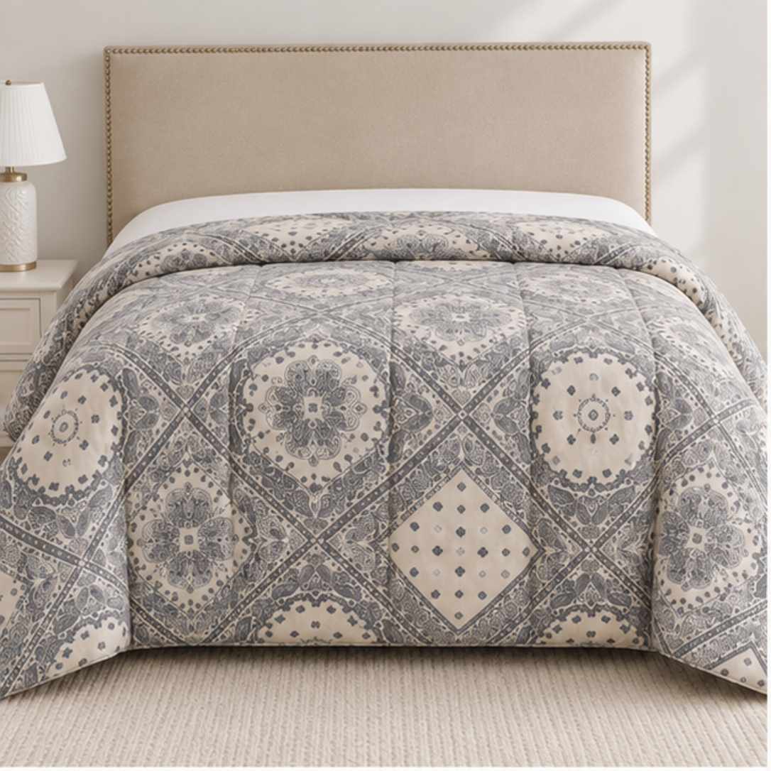 Aarniva Breathable Polyester Heritage Medallion Comforter Set | King/Queen | 250 GSM | Ultra-Soft & Cozy | Ivory Grey | 5-Piece Set