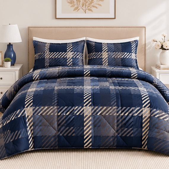 Aarniva Breathable Polyester Midnight Plaid Comforter Set | King/Queen | 250 GSM | Ultra-Soft & Cozy | Navy Blue | 5-Piece Set