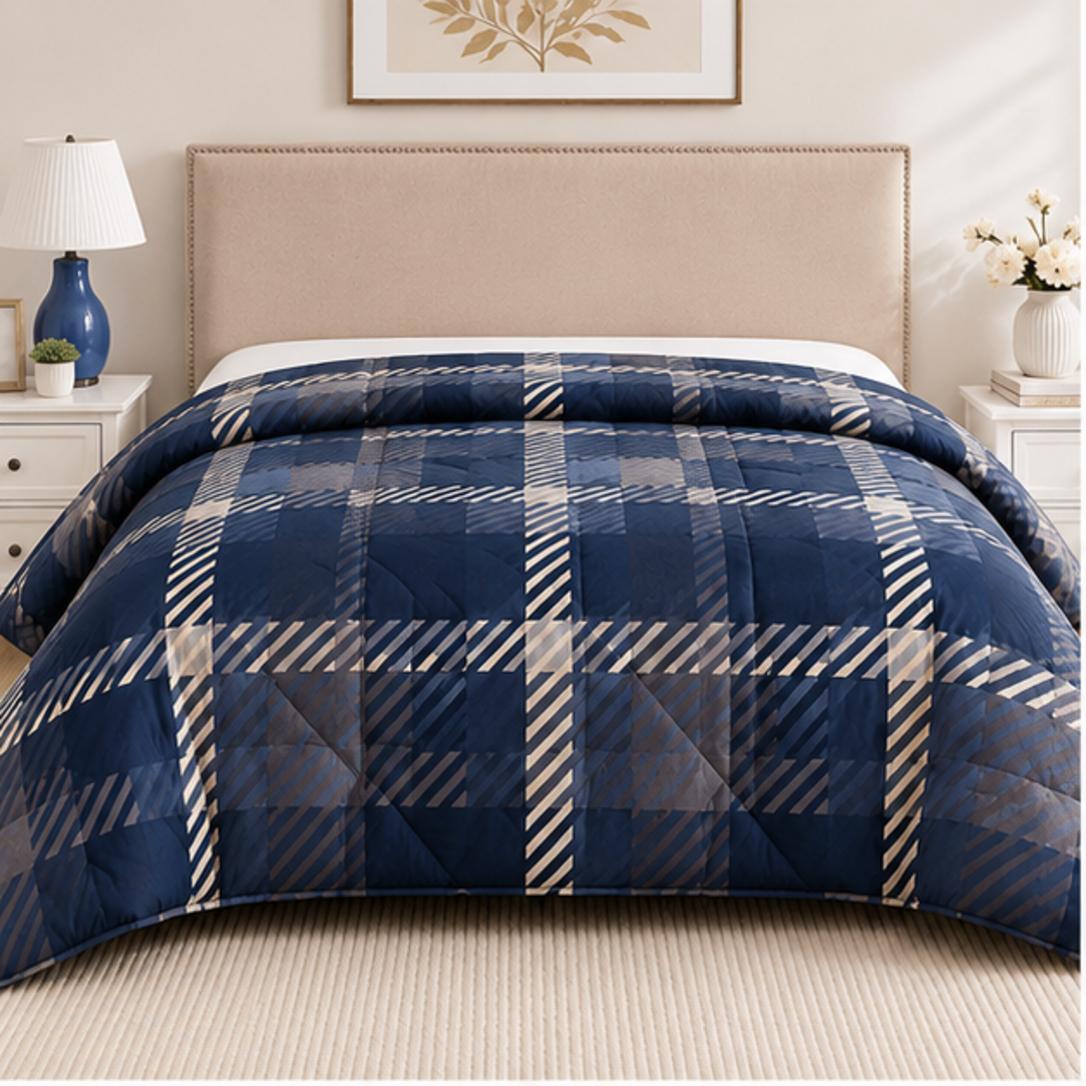 Aarniva Breathable Polyester Midnight Plaid Comforter Set | King/Queen | 250 GSM | Ultra-Soft & Cozy | Navy Blue | 5-Piece Set
