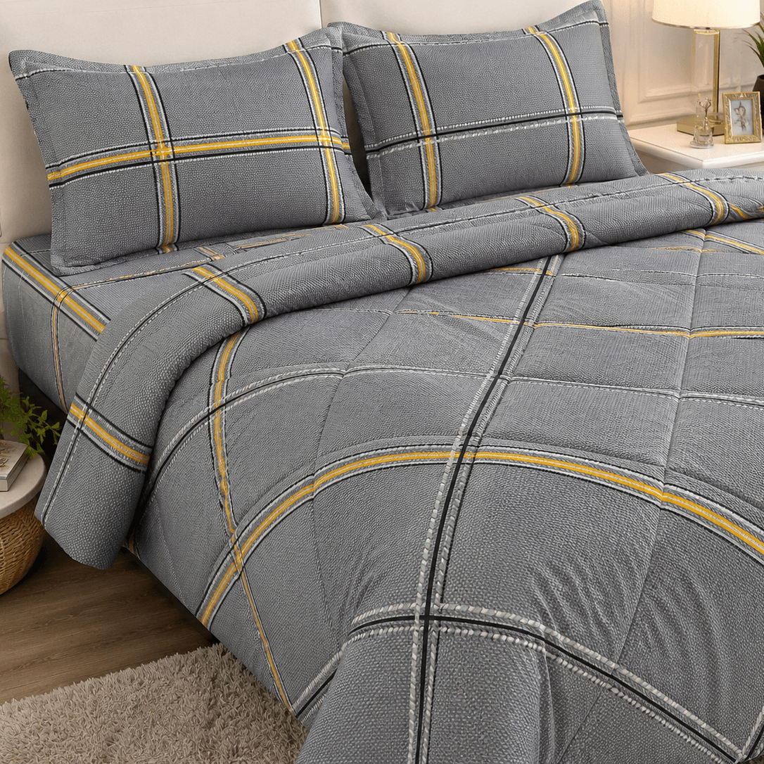 Aarniva Breathable Polyester Urban Plaid Comforter Set | King/Queen | 250 GSM | Ultra-Soft & Cozy | Deep Grey | 5-Piece Set