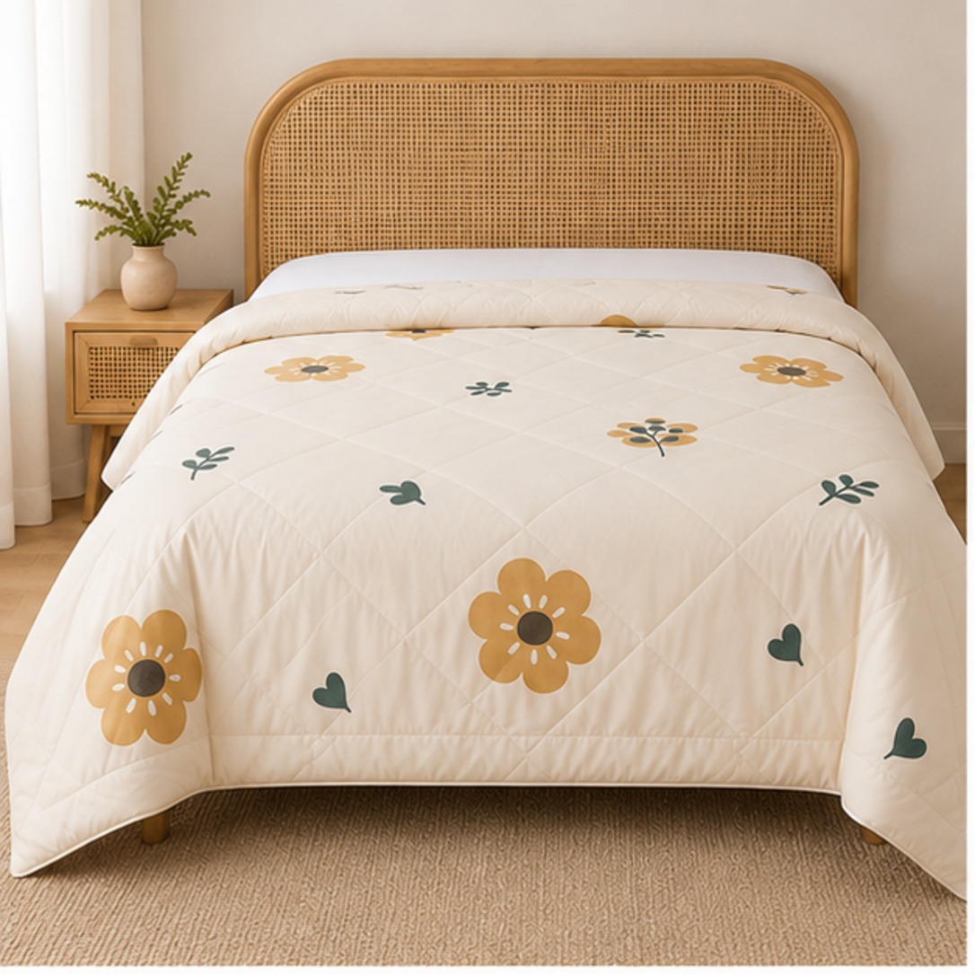 Aarniva Breathable Polyester Golden Daisy Garden Comforter Set | King/Queen | 250 GSM | Ultra-Soft & Cozy | Classic Ivory | 5-Piece Set