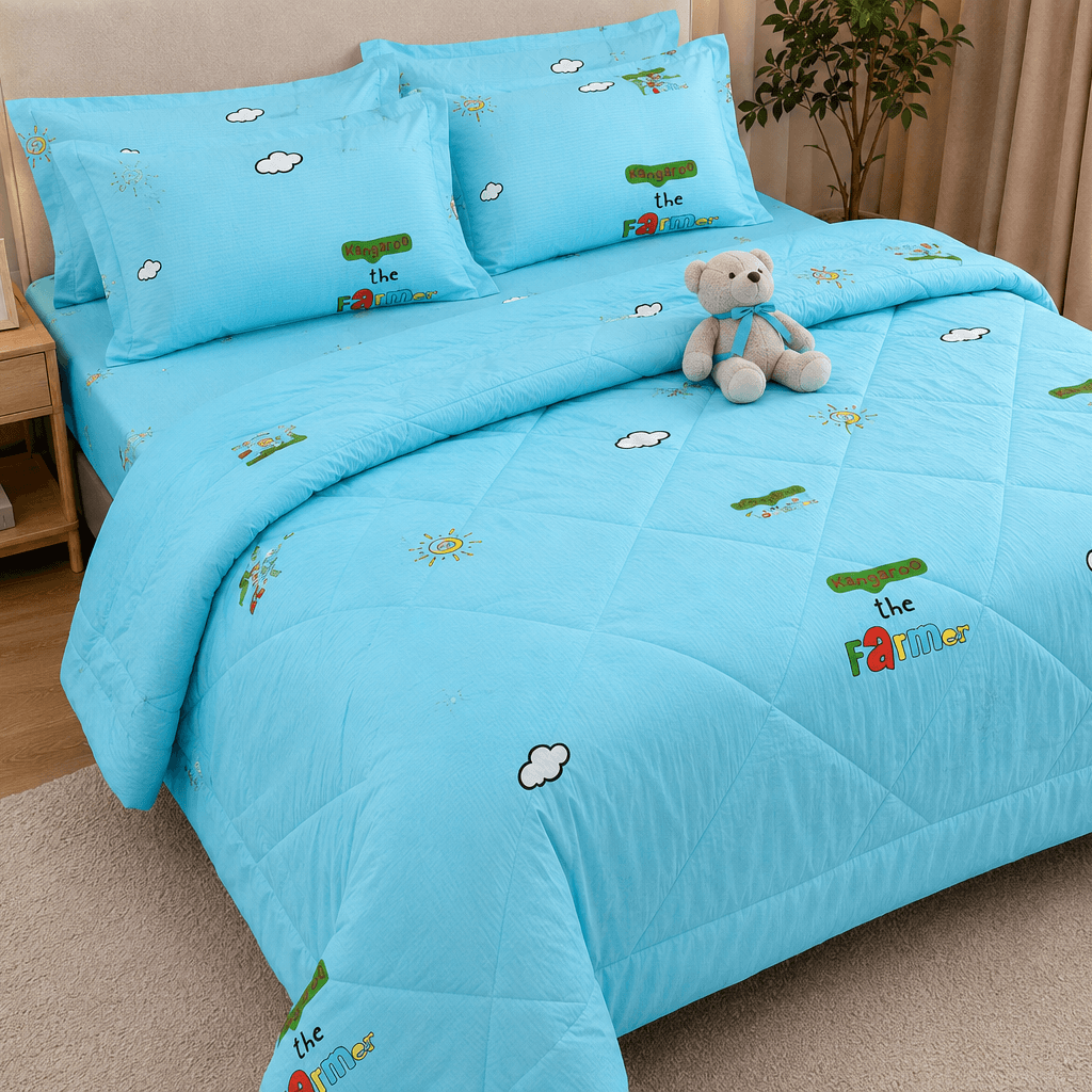 Aarniva Breathable Polyester Little Farmer Comforter Set | King/Queen | 250 GSM | Ultra-Soft & Cozy | Sky Blue | 5-Piece Set