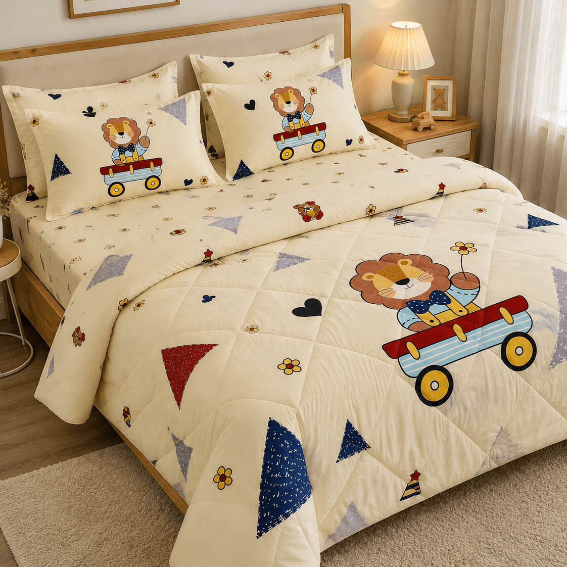 Aarniva Breathable Polyester Little Lion Printed Comforter Set | Double/Twin | 250 GSM | Ultra-Soft & Cozy | Soccer Navy | 5-Piece Set